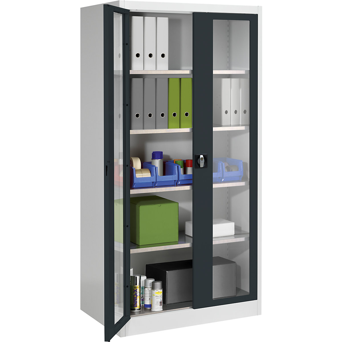 Armário com portas de batente e janela de visualização – mauser, com 4 prateleiras, AxL 1950 x 950 mm, profundidade 600 mm, cinzento claro/cinzento antracite-0