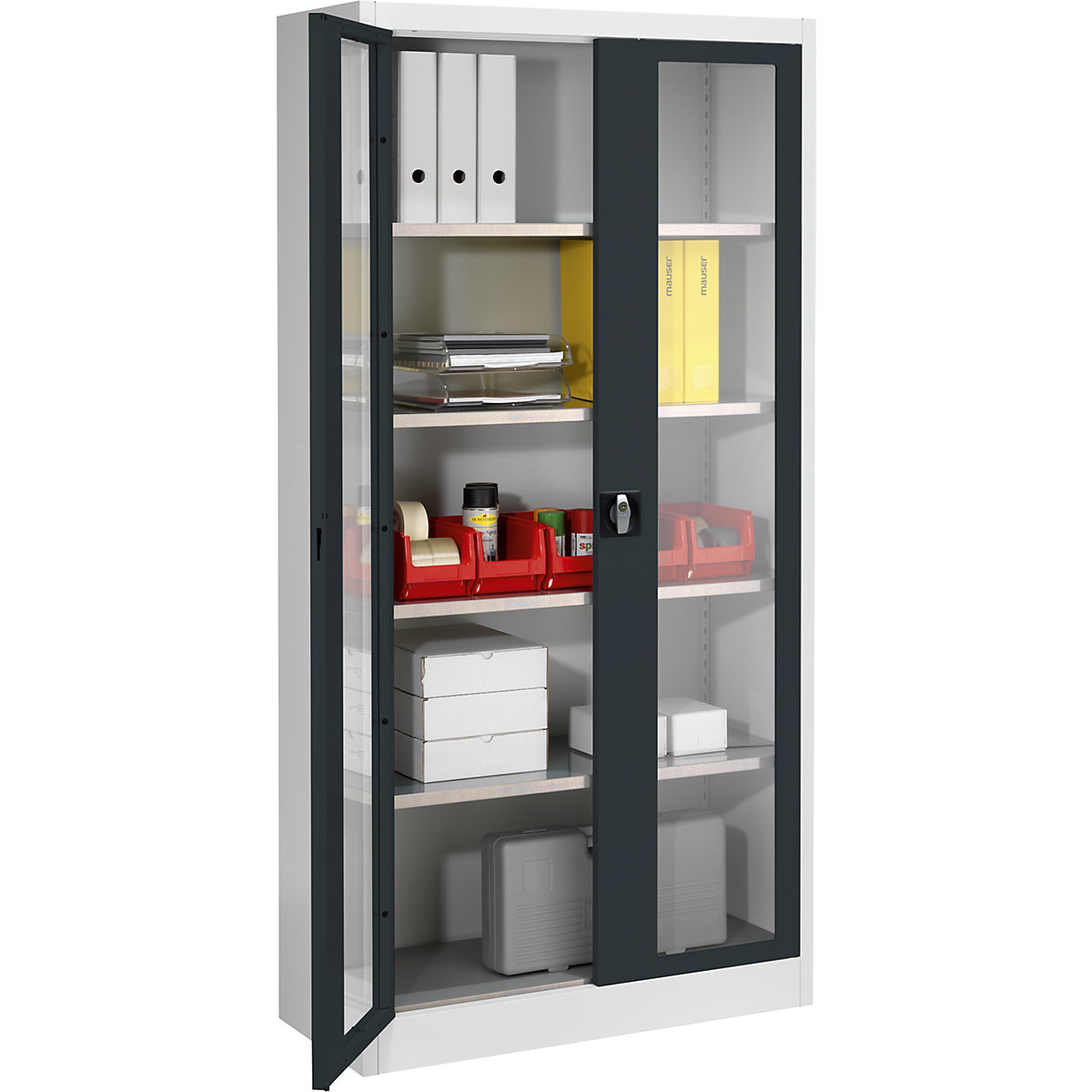 Armário com portas de batente e janela de visualização – mauser, com 4 prateleiras, AxL 1950 x 950 mm, profundidade 420 mm, cinzento claro/cinzento antracite-0