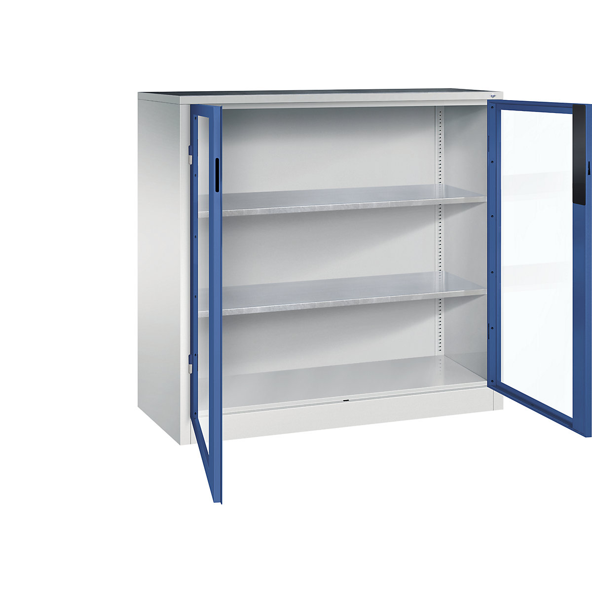 Armário com portas de batente e janela de visualização – C+P, AxLxP 1200 x 1200 x 500 mm, 2 prateleiras, cinzento claro/azul genciana-0