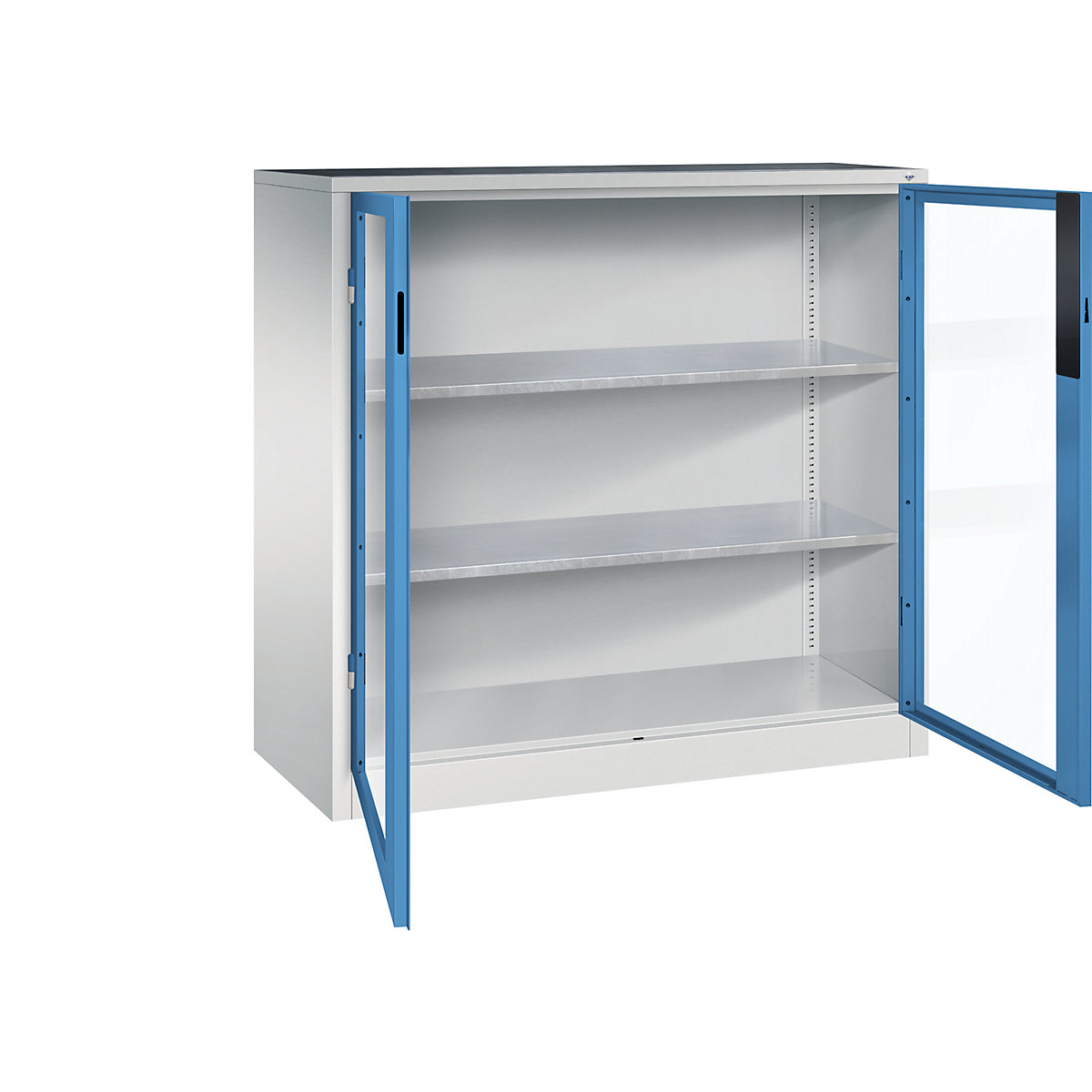 Armário com portas de batente e janela de visualização – C+P, AxLxP 1200 x 1200 x 500 mm, 2 prateleiras, cinzento claro/azul claro-0