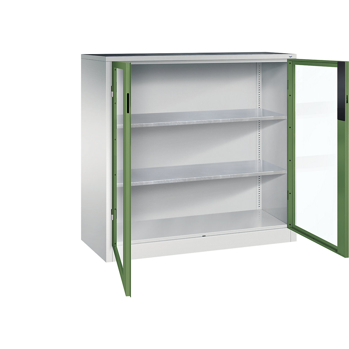 Armário com portas de batente e janela de visualização – C+P, AxLxP 1200 x 1200 x 500 mm, 2 prateleiras, cinzento claro/verde reseda-0
