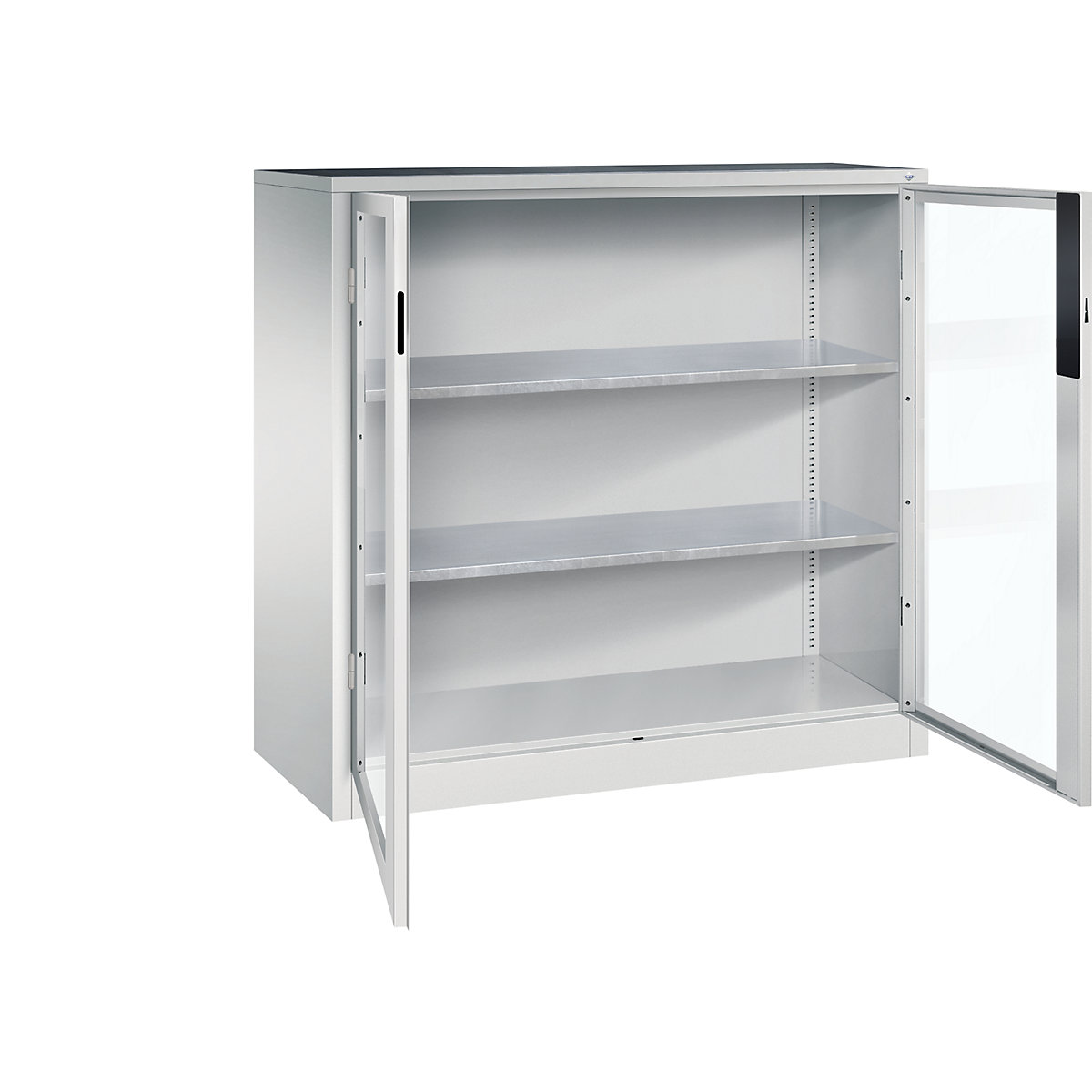 Armário com portas de batente e janela de visualização – C+P, AxLxP 1200 x 1200 x 500 mm, 2 prateleiras, cinzento claro/cinzento claro-0