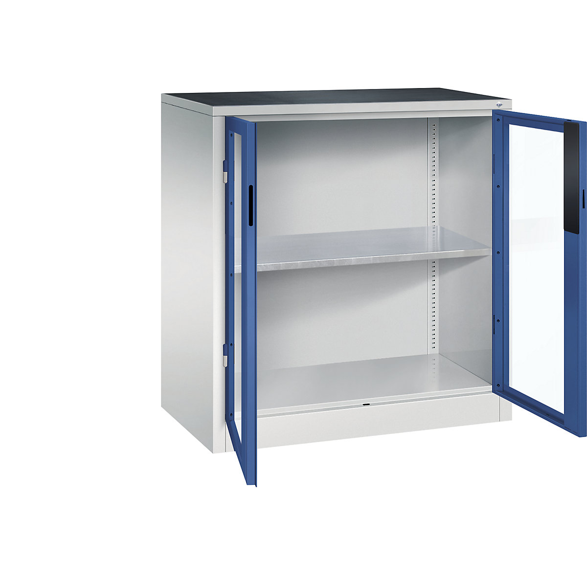 Armário com portas de batente e janela de visualização – C+P, AxLxP 1000 x 930 x 500 mm, 1 prateleira, cinzento claro/azul genciana-0