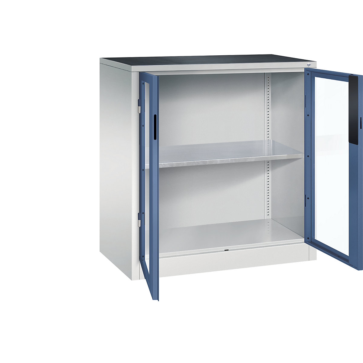Armário com portas de batente e janela de visualização – C+P, AxLxP 1000 x 930 x 500 mm, 1 prateleira, cinzento claro/azul distante-0