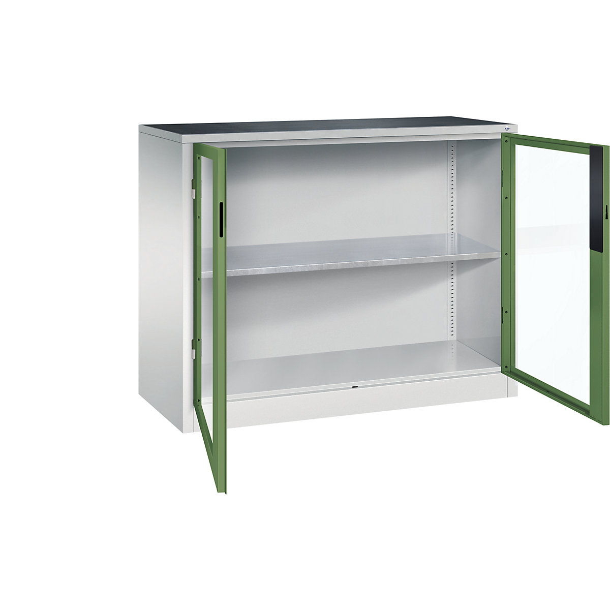 Armário com portas de batente e janela de visualização – C+P, AxLxP 1000 x 1200 x 500 mm, 1 prateleira, cinzento claro/verde reseda-0