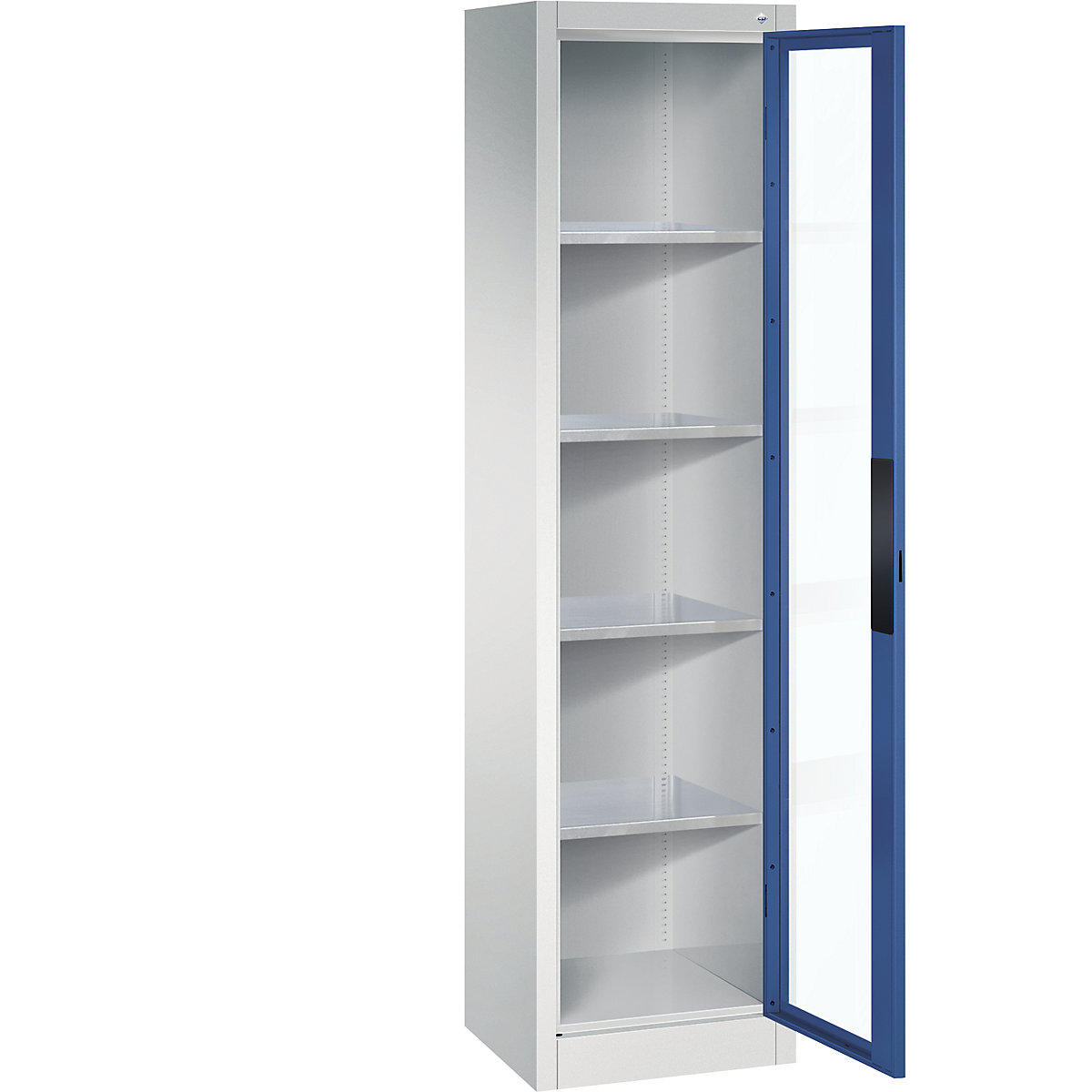 Armário com portas de batente e janela de visualização – C+P, AxLxP 1950 x 502 x 400 mm, 4 prateleiras, cinzento claro/azul genciana-0