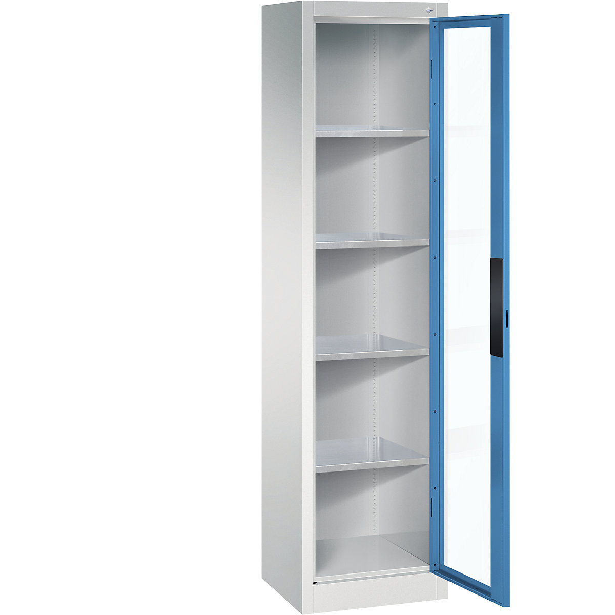 Armário com portas de batente e janela de visualização – C+P, AxLxP 1950 x 502 x 400 mm, 4 prateleiras, cinzento claro/azul claro-0