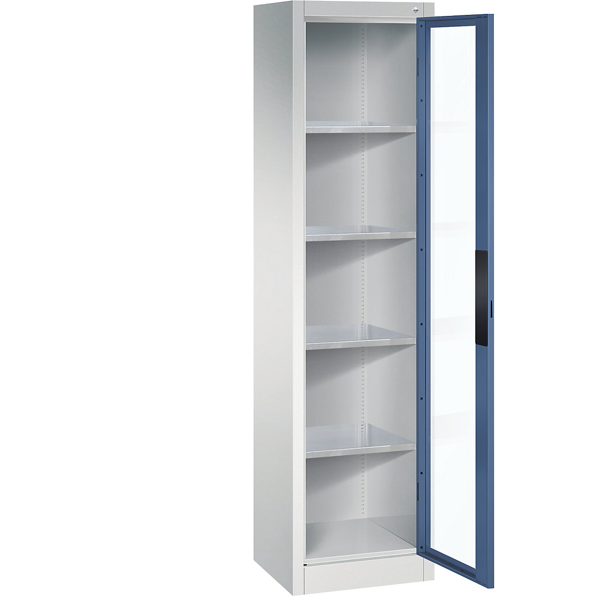 Armário com portas de batente e janela de visualização – C+P, AxLxP 1950 x 502 x 400 mm, 4 prateleiras, cinzento claro/azul distante-0