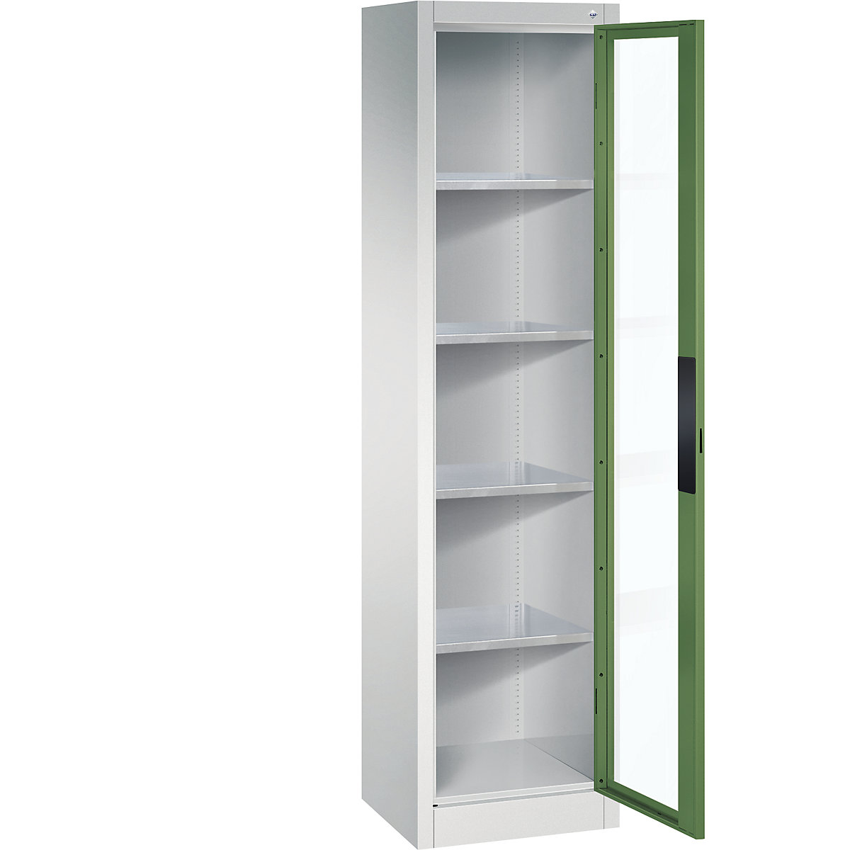 Armário com portas de batente e janela de visualização – C+P, AxLxP 1950 x 502 x 400 mm, 4 prateleiras, cinzento claro/verde reseda-0