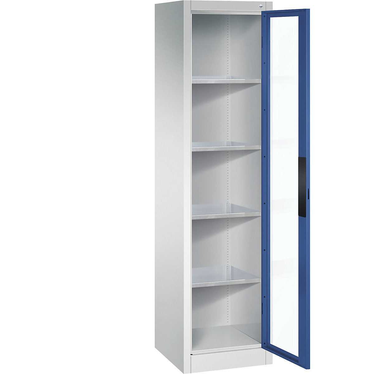 Armário com portas de batente e janela de visualização – C+P, AxLxP 1950 x 502 x 500 mm, 4 prateleiras, cinzento claro/azul genciana-0