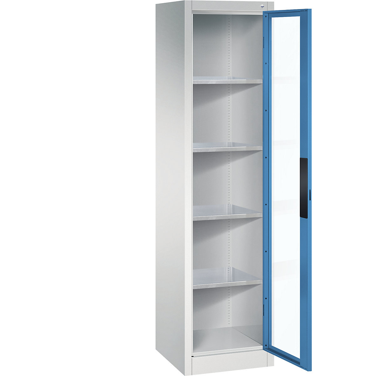 Armário com portas de batente e janela de visualização – C+P, AxLxP 1950 x 502 x 500 mm, 4 prateleiras, cinzento claro/azul claro-0