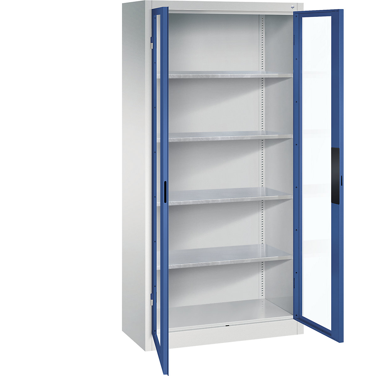 Armário com portas de batente e janela de visualização – C+P, AxLxP 1950 x 930 x 400 mm, 4 prateleiras, cinzento claro/azul genciana-0