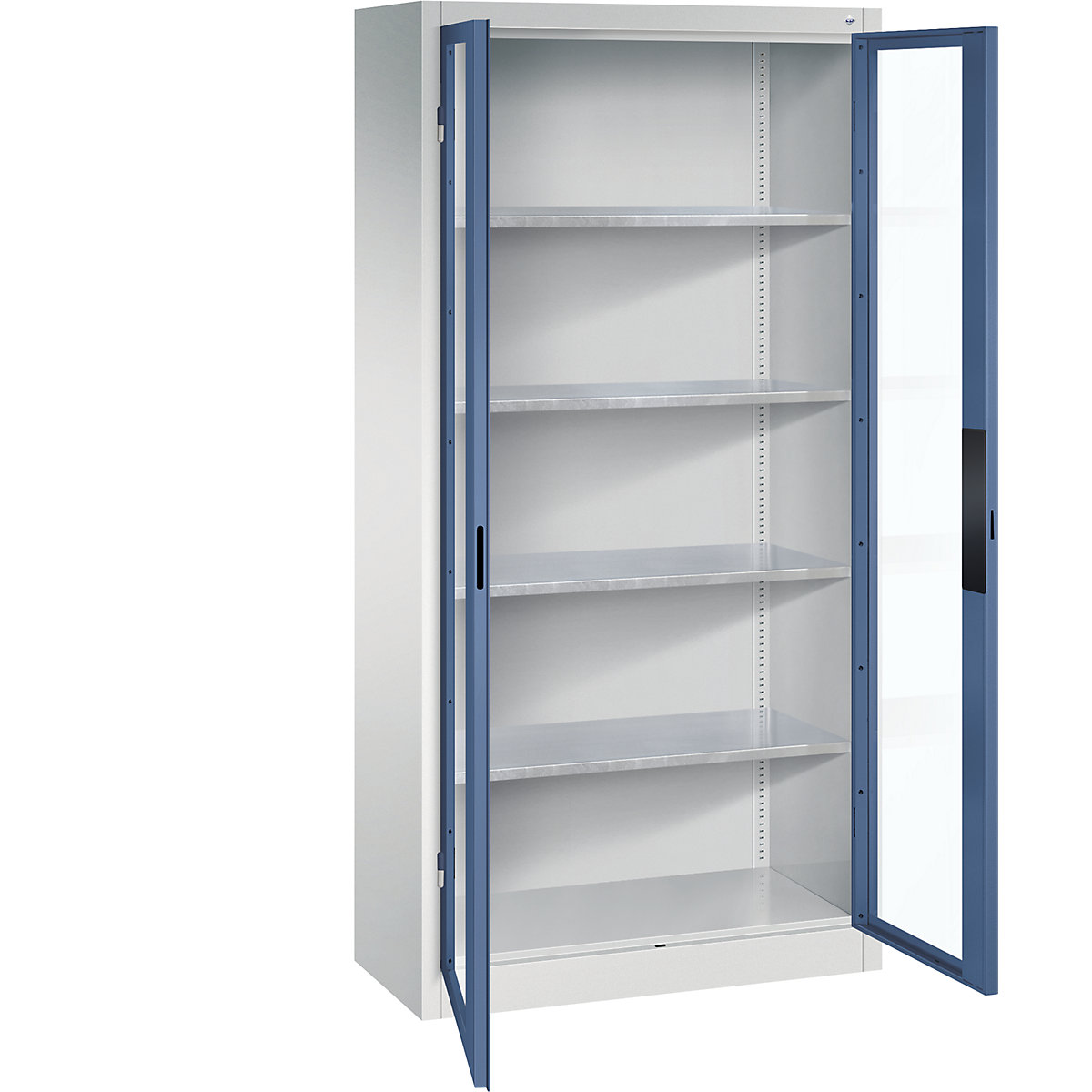 Armário com portas de batente e janela de visualização – C+P, AxLxP 1950 x 930 x 400 mm, 4 prateleiras, cinzento claro/azul distante-0