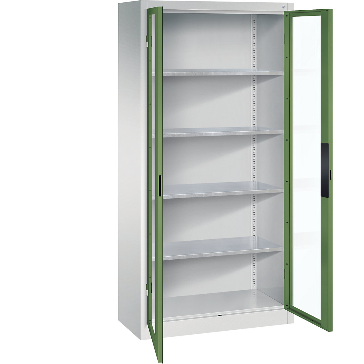 Armário com portas de batente e janela de visualização – C+P, AxLxP 1950 x 930 x 400 mm, 4 prateleiras, cinzento claro/verde reseda-0