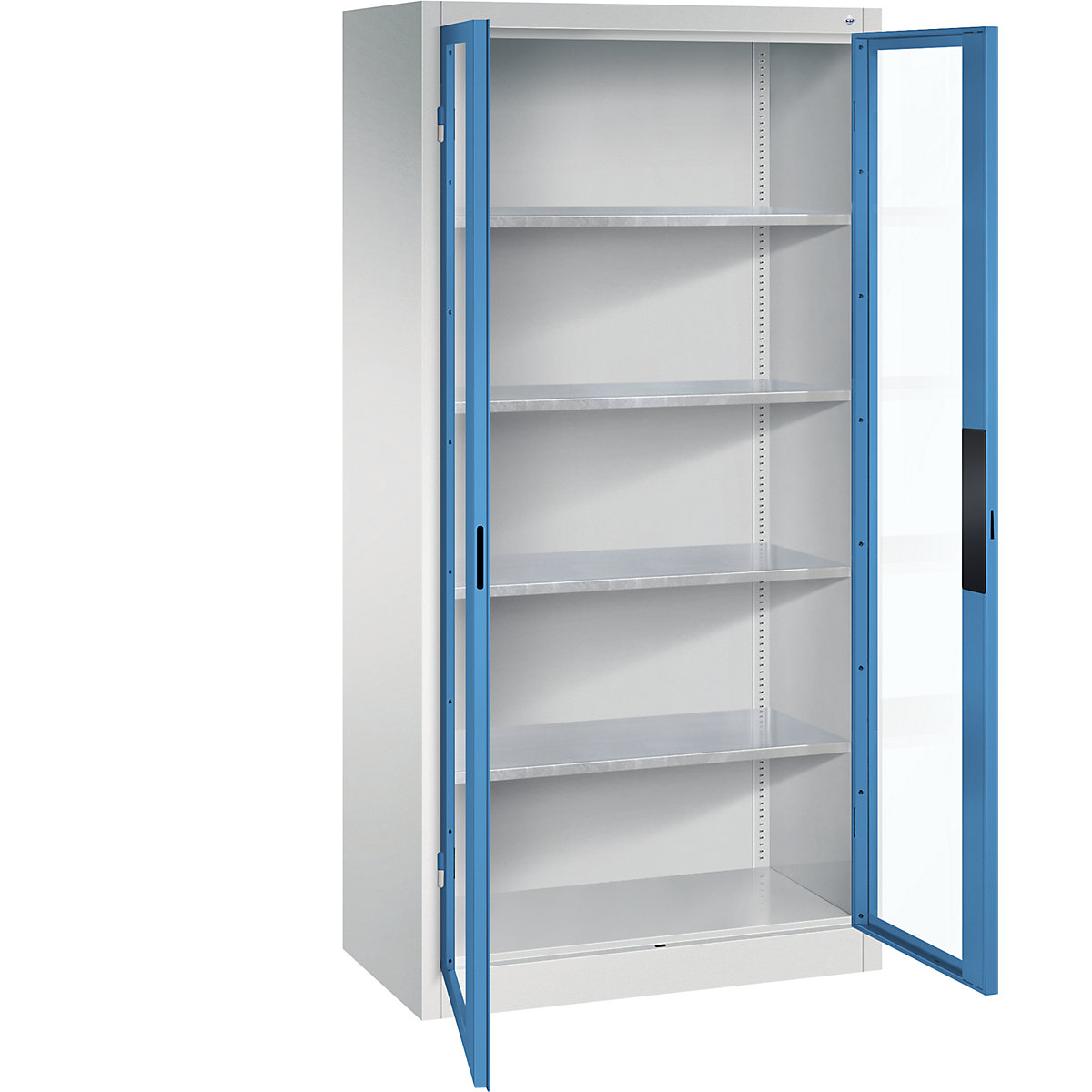 Armário com portas de batente e janela de visualização – C+P, AxLxP 1950 x 930 x 500 mm, 4 prateleiras, cinzento claro/azul claro-0