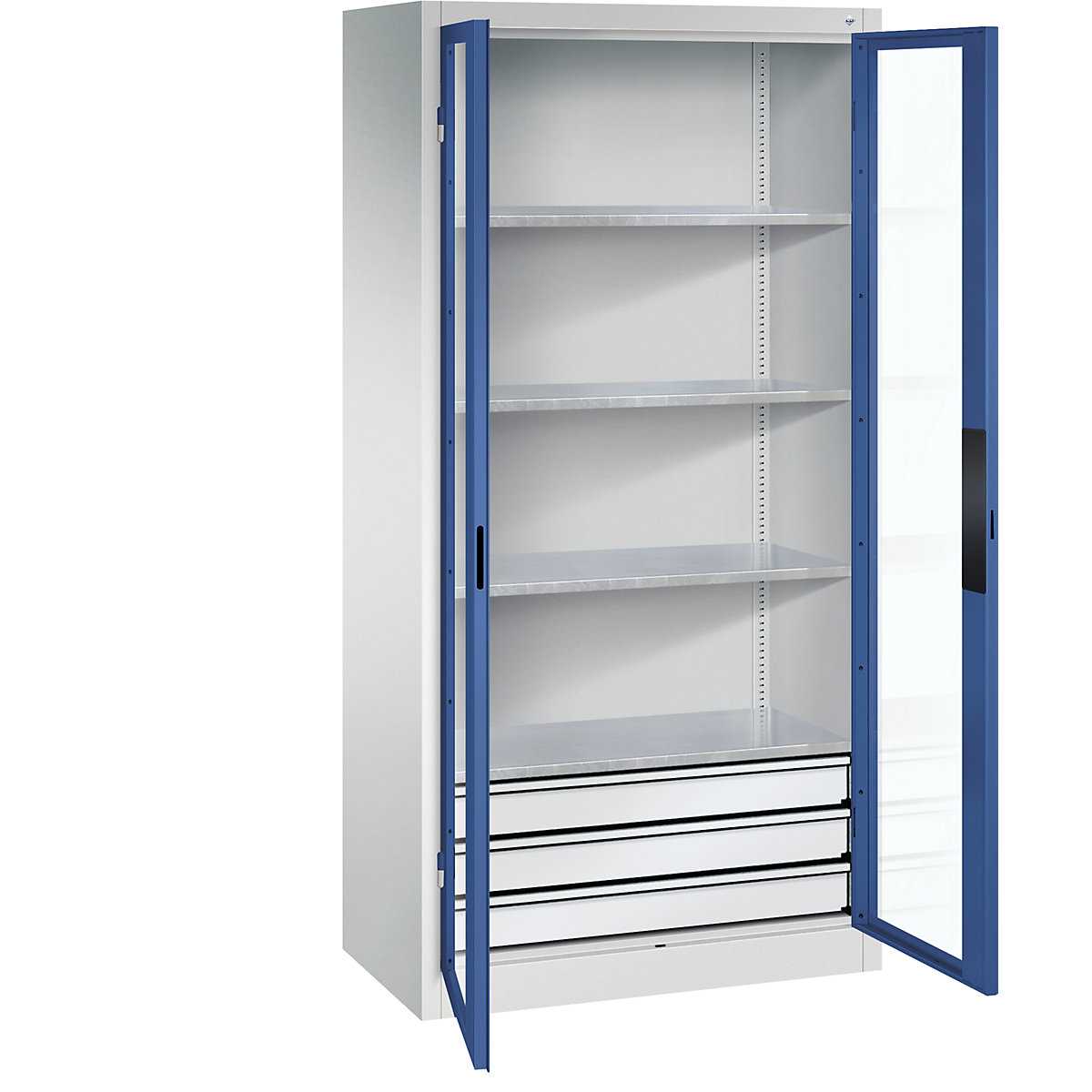Armário com portas de batente e janela de visualização – C+P, AxLxP 1950 x 930 x 500 mm, com 4 prateleiras, 3 gavetas, cinzento claro/azul genciana-0