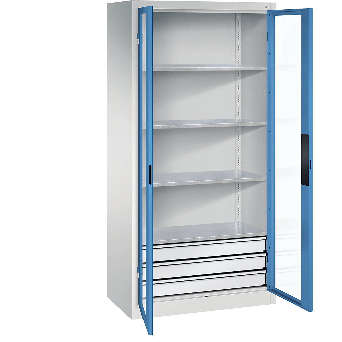 Armário com portas de batente e janela de visualização – C+P, AxLxP 1950 x 930 x 500 mm, com 4 prateleiras, 3 gavetas, cinzento claro/azul claro-0