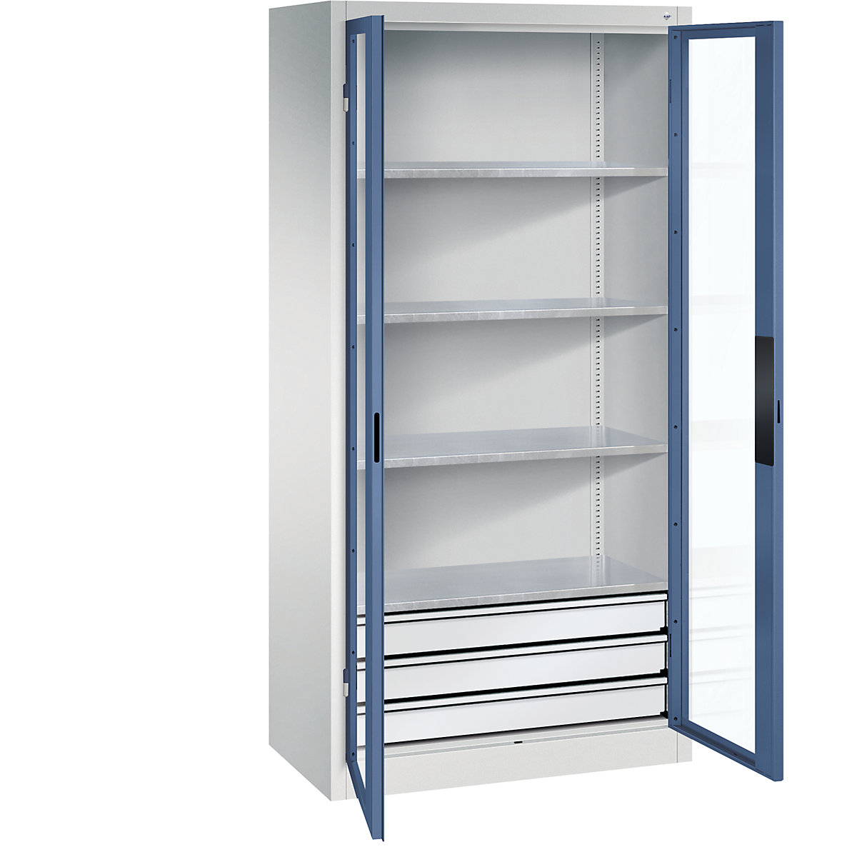 Armário com portas de batente e janela de visualização – C+P, AxLxP 1950 x 930 x 500 mm, com 4 prateleiras, 3 gavetas, cinzento claro/azul distante-0