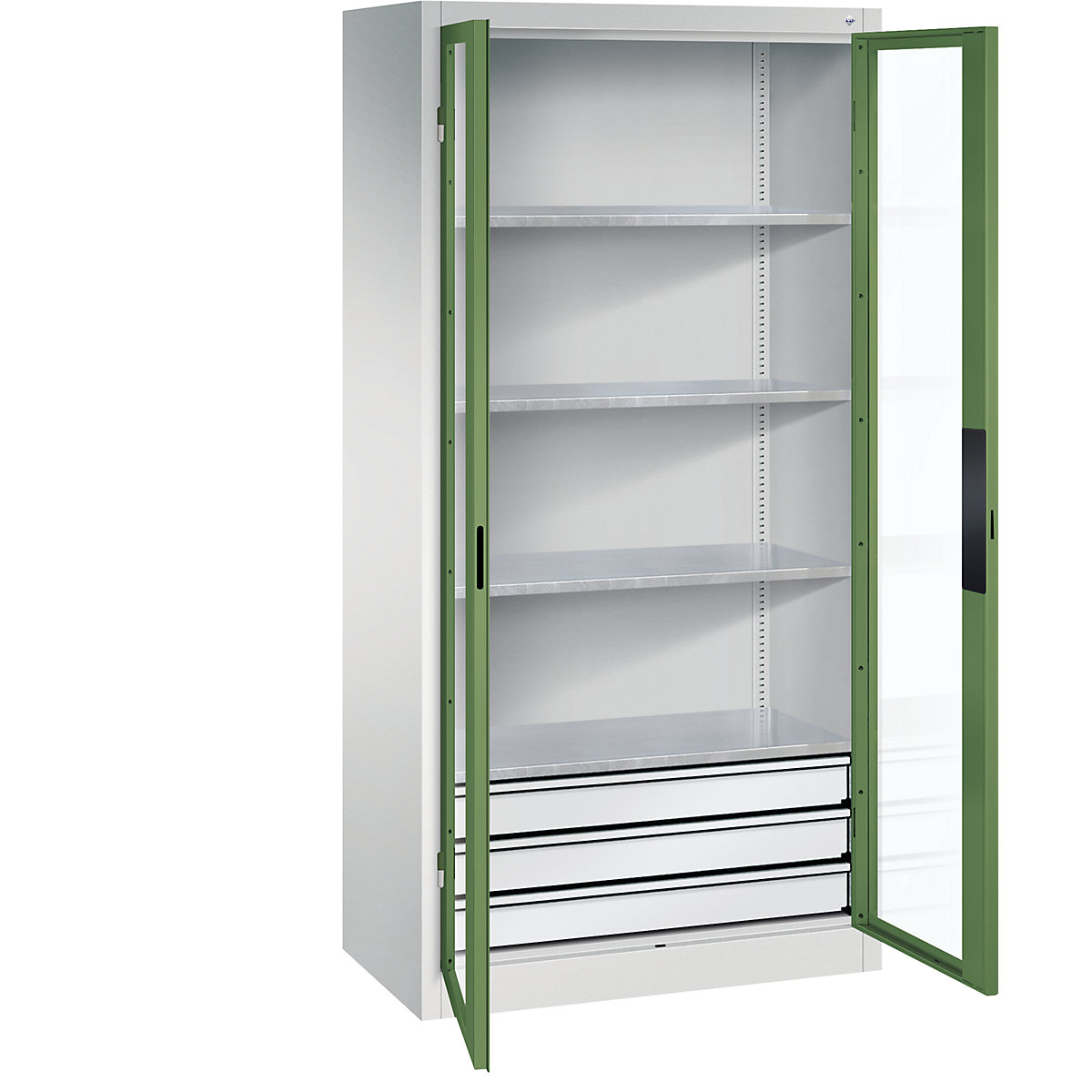 Armário com portas de batente e janela de visualização – C+P, AxLxP 1950 x 930 x 500 mm, com 4 prateleiras, 3 gavetas, cinzento claro/verde reseda-0