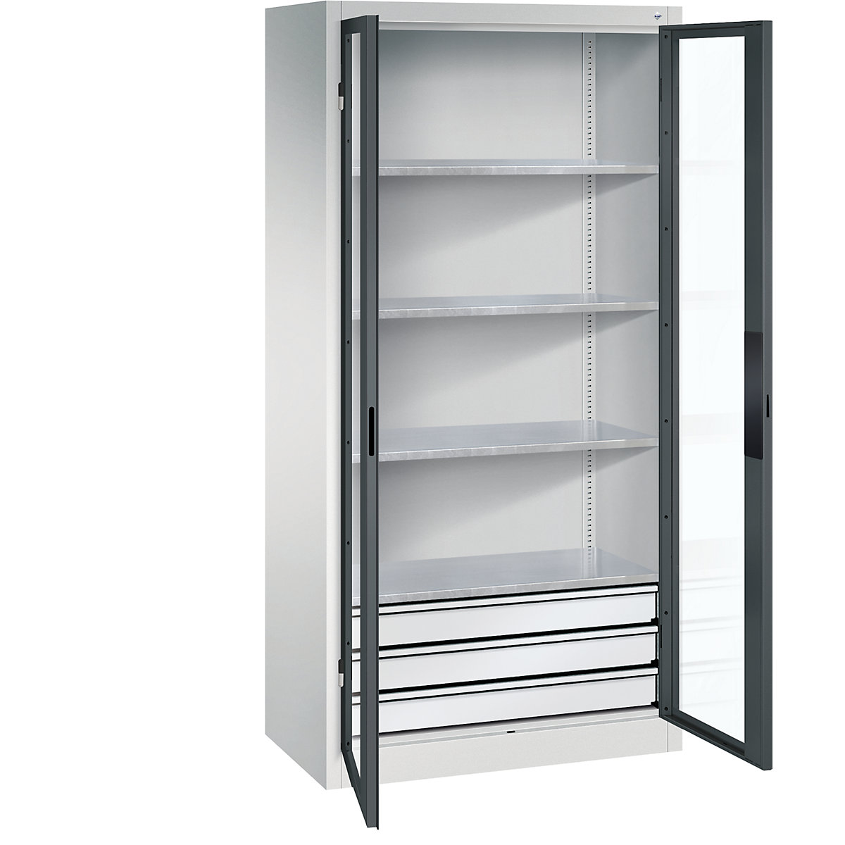 Armário com portas de batente e janela de visualização – C+P, AxLxP 1950 x 930 x 500 mm, com 4 prateleiras, 3 gavetas, cinzento claro/cinzento antracite-0
