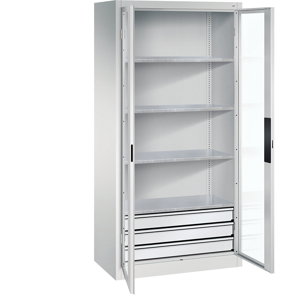 Armário com portas de batente e janela de visualização – C+P, AxLxP 1950 x 930 x 500 mm, com 4 prateleiras, 3 gavetas, cinzento claro/cinzento claro-0