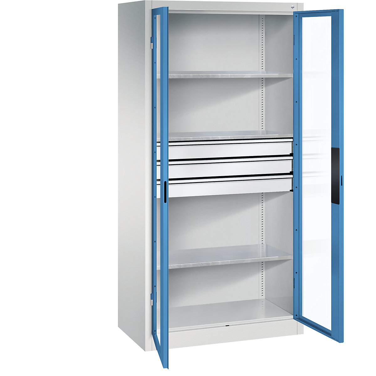 Armário com portas de batente e janela de visualização – C+P, AxLxP 1950 x 930 x 500 mm, com 3 prateleiras, 3 gavetas, cinzento claro/azul claro-0