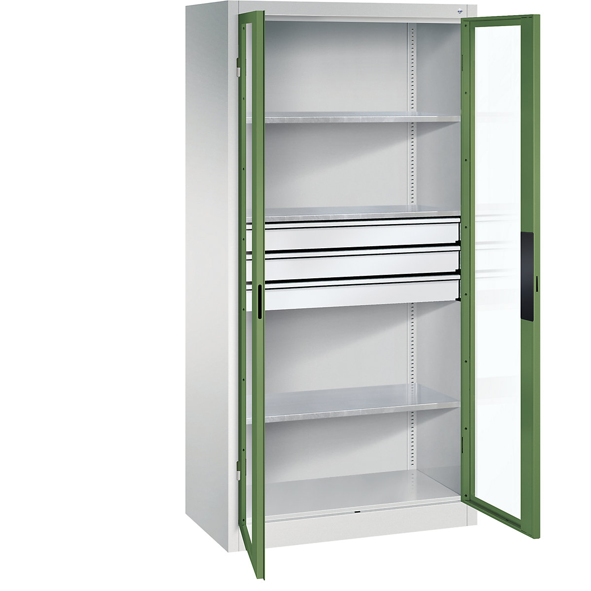 Armário com portas de batente e janela de visualização – C+P, AxLxP 1950 x 930 x 500 mm, com 3 prateleiras, 3 gavetas, cinzento claro/verde reseda-0
