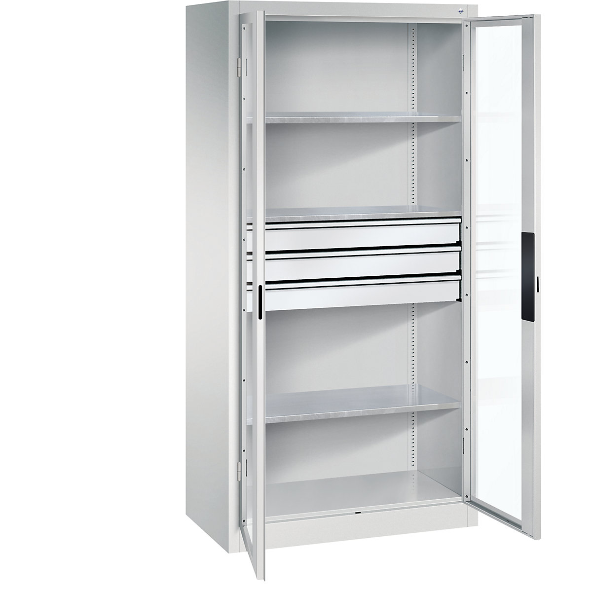 Armário com portas de batente e janela de visualização – C+P, AxLxP 1950 x 930 x 500 mm, com 3 prateleiras, 3 gavetas, cinzento claro/cinzento claro-0