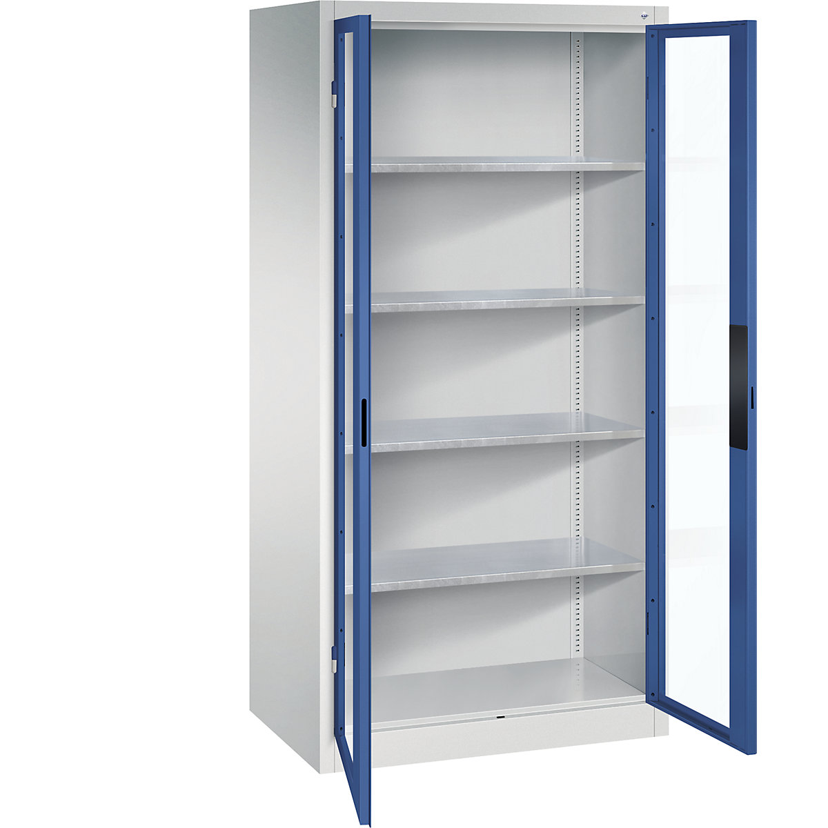Armário com portas de batente e janela de visualização – C+P, AxLxP 1950 x 930 x 600 mm, 4 prateleiras, cinzento claro/azul genciana-0
