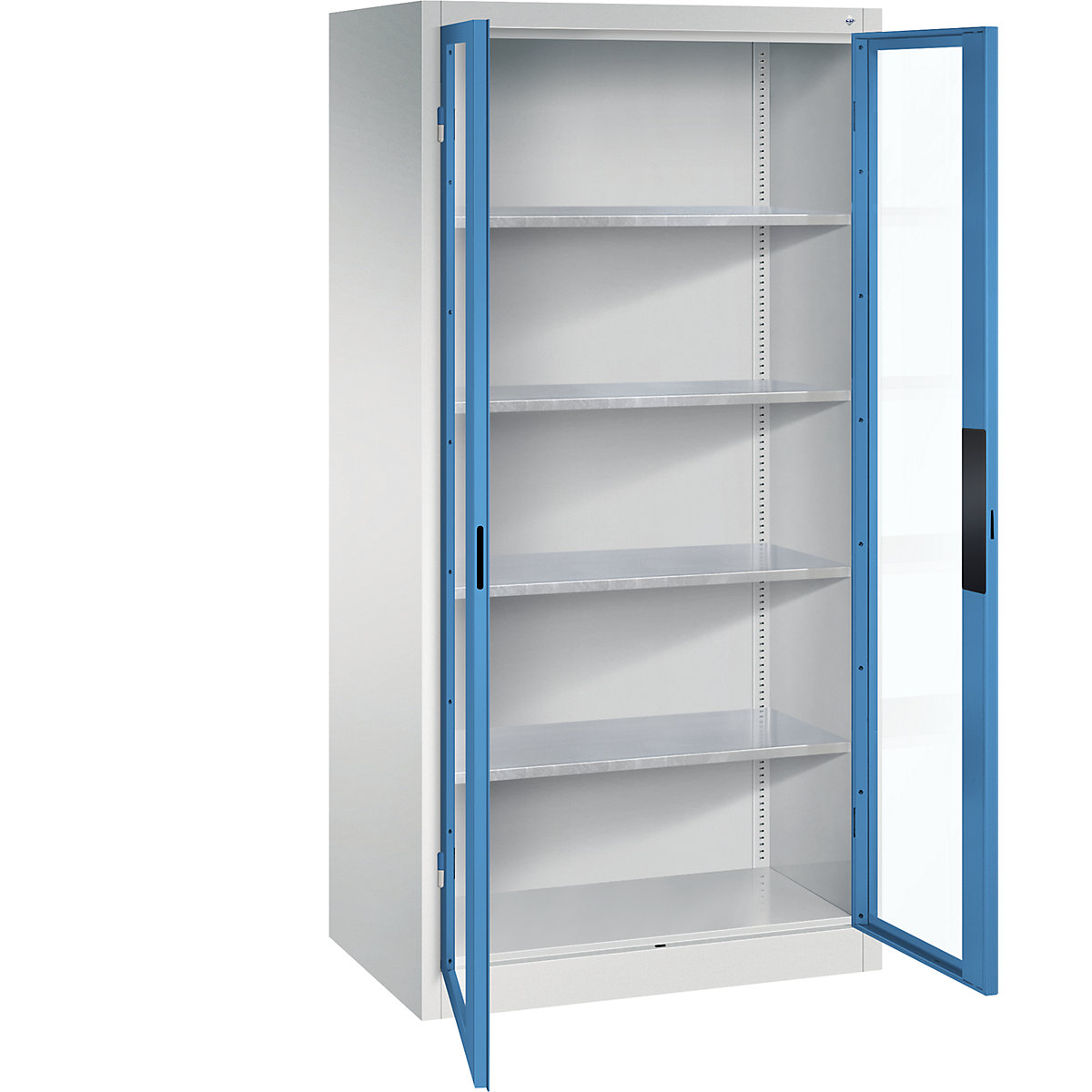 Armário com portas de batente e janela de visualização – C+P, AxLxP 1950 x 930 x 600 mm, 4 prateleiras, cinzento claro/azul claro-0