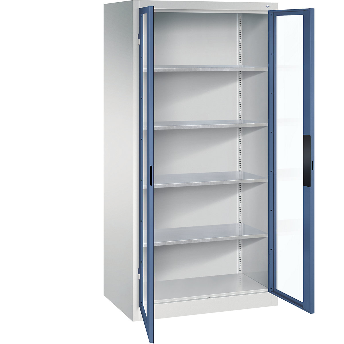 Armário com portas de batente e janela de visualização – C+P, AxLxP 1950 x 930 x 600 mm, 4 prateleiras, cinzento claro/azul distante-0