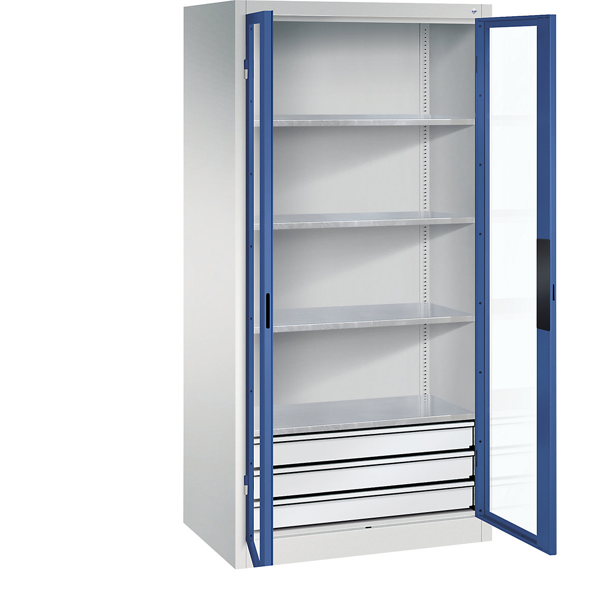 Armário com portas de batente e janela de visualização – C+P, AxLxP 1950 x 930 x 600 mm, com 4 prateleiras, 3 gavetas, cinzento claro/azul genciana-0