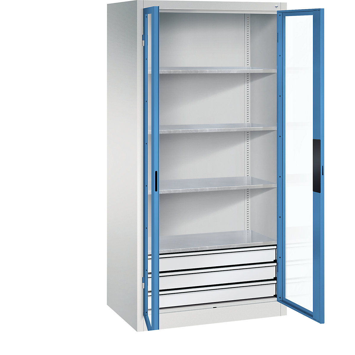 Armário com portas de batente e janela de visualização – C+P, AxLxP 1950 x 930 x 600 mm, com 4 prateleiras, 3 gavetas, cinzento claro/azul claro-0