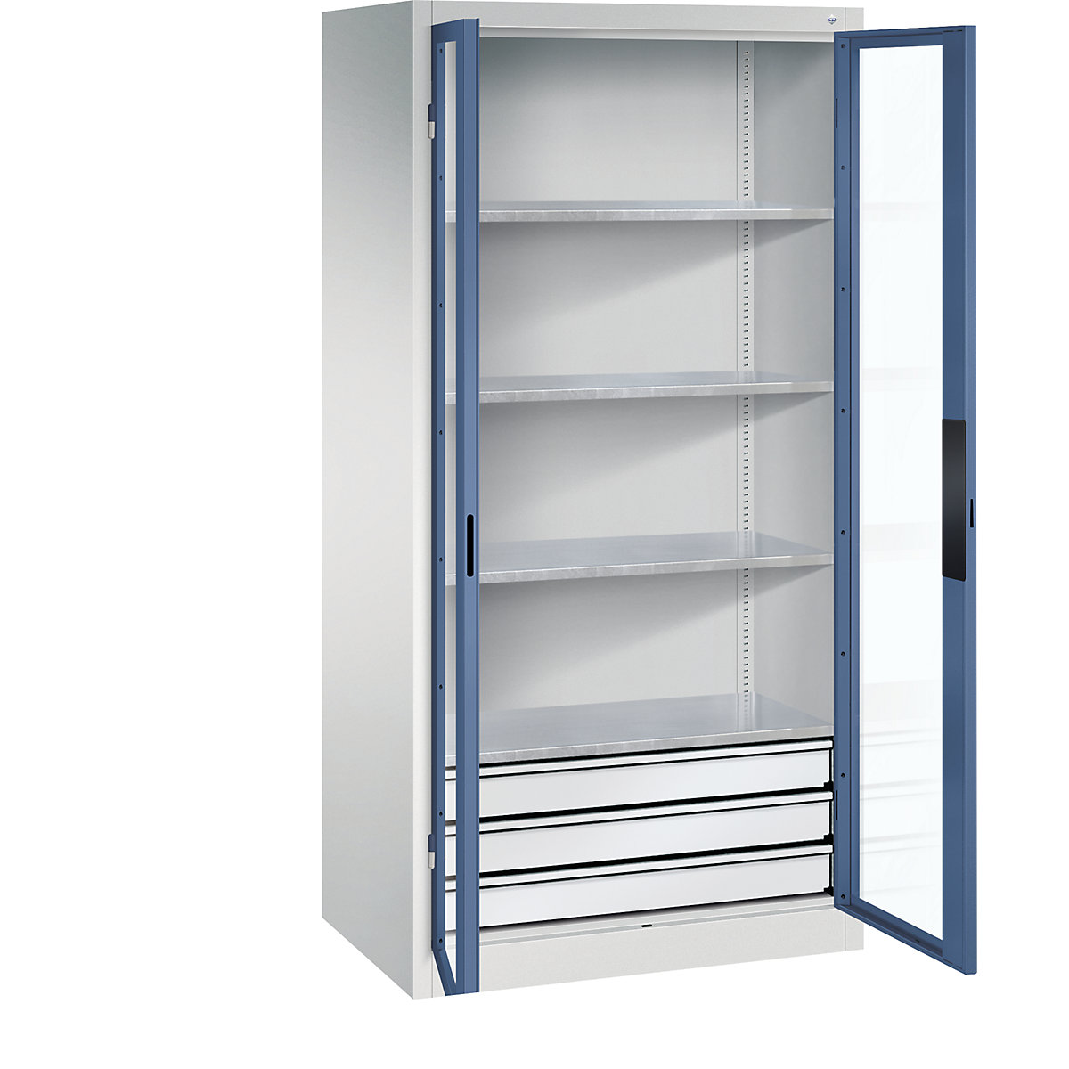 Armário com portas de batente e janela de visualização – C+P, AxLxP 1950 x 930 x 600 mm, com 4 prateleiras, 3 gavetas, cinzento claro/azul distante-0