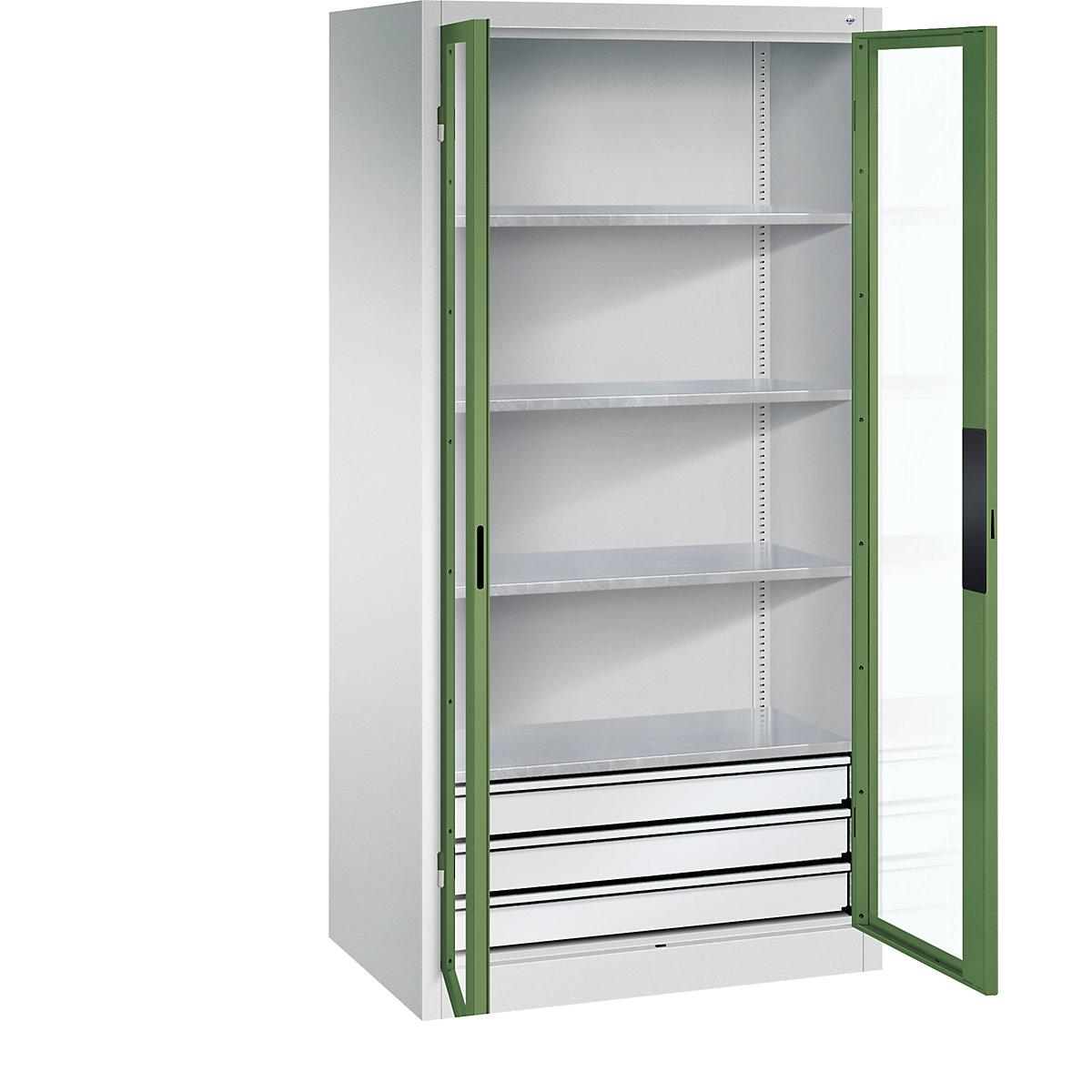 Armário com portas de batente e janela de visualização – C+P, AxLxP 1950 x 930 x 600 mm, com 4 prateleiras, 3 gavetas, cinzento claro/verde reseda-0
