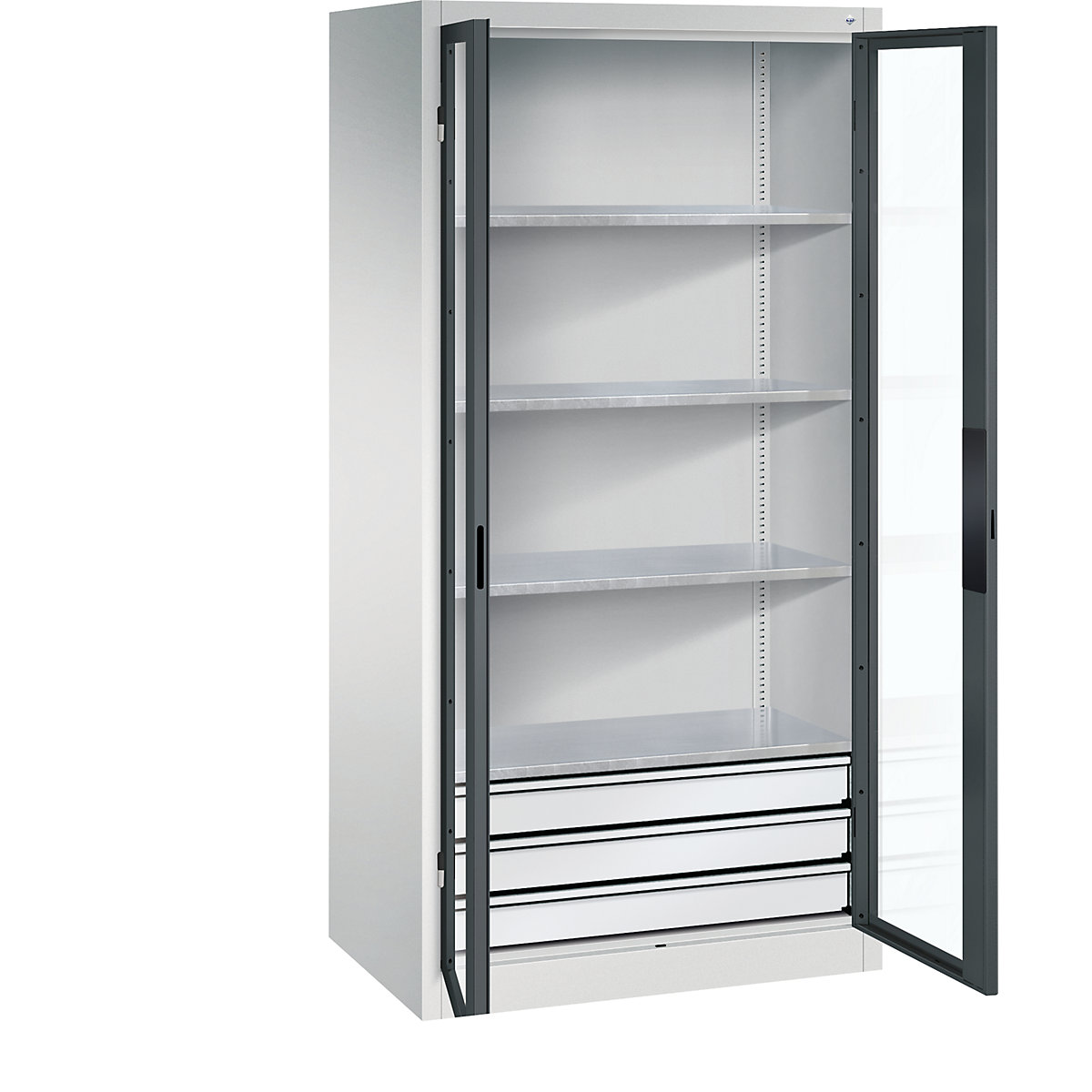 Armário com portas de batente e janela de visualização – C+P, AxLxP 1950 x 930 x 600 mm, com 4 prateleiras, 3 gavetas, cinzento claro/cinzento antracite-0