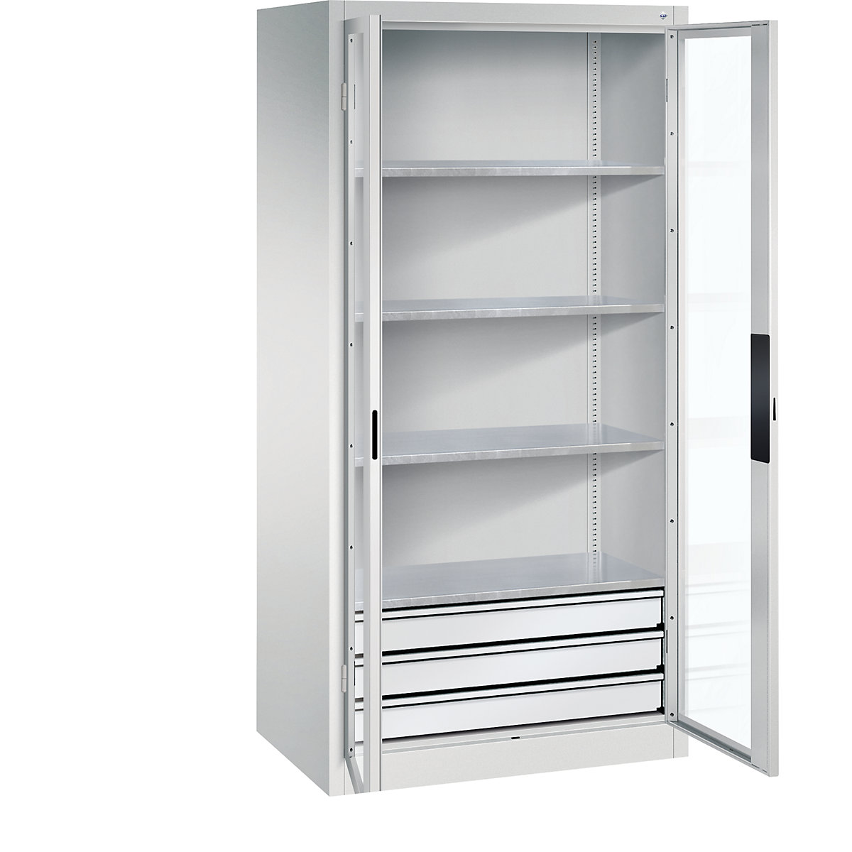 Armário com portas de batente e janela de visualização – C+P, AxLxP 1950 x 930 x 600 mm, com 4 prateleiras, 3 gavetas, cinzento claro/cinzento claro-0