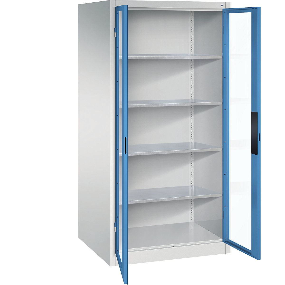 Armário com portas de batente e janela de visualização – C+P, AxLxP 1950 x 930 x 800 mm, 4 prateleiras, cinzento claro/azul claro-0