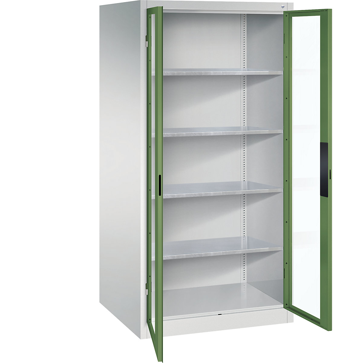 Armário com portas de batente e janela de visualização – C+P, AxLxP 1950 x 930 x 800 mm, 4 prateleiras, cinzento claro/verde reseda-0
