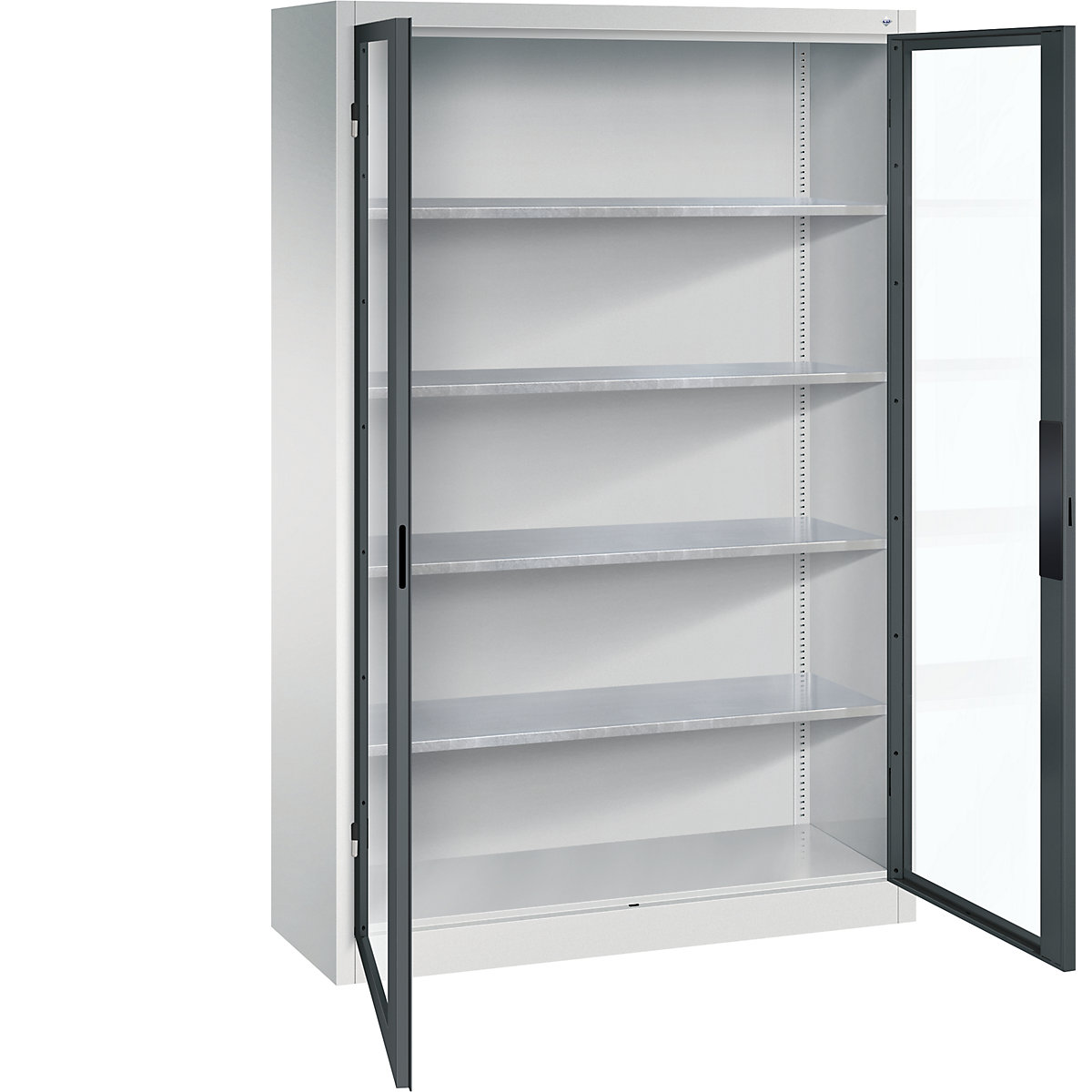 Armário com portas de batente e janela de visualização – C+P, AxLxP 1950 x 1200 x 400 mm, 4 prateleiras, cinzento claro/cinzento antracite-0