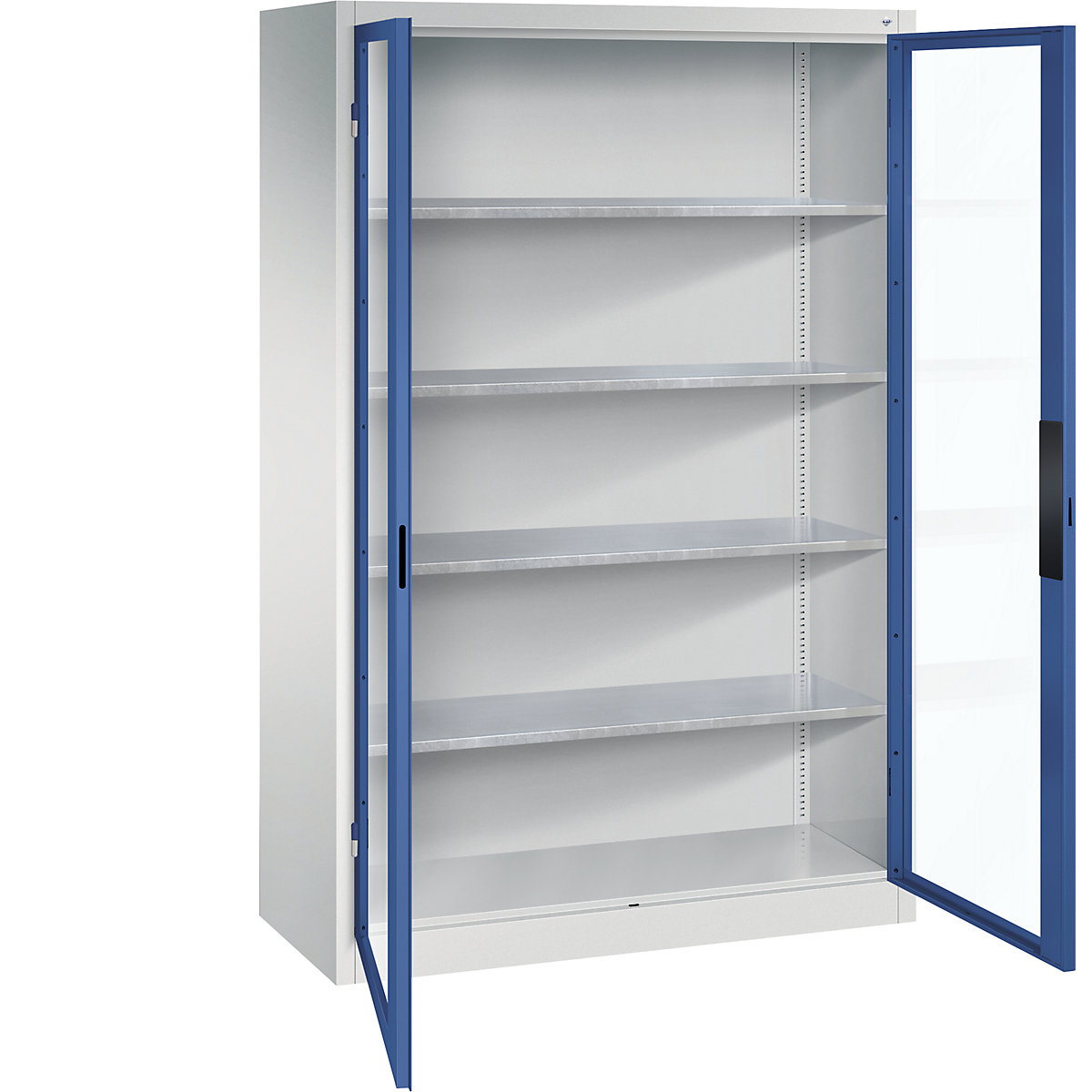 Armário com portas de batente e janela de visualização – C+P, AxLxP 1950 x 1200 x 500 mm, 4 prateleiras, cinzento claro/azul genciana-0