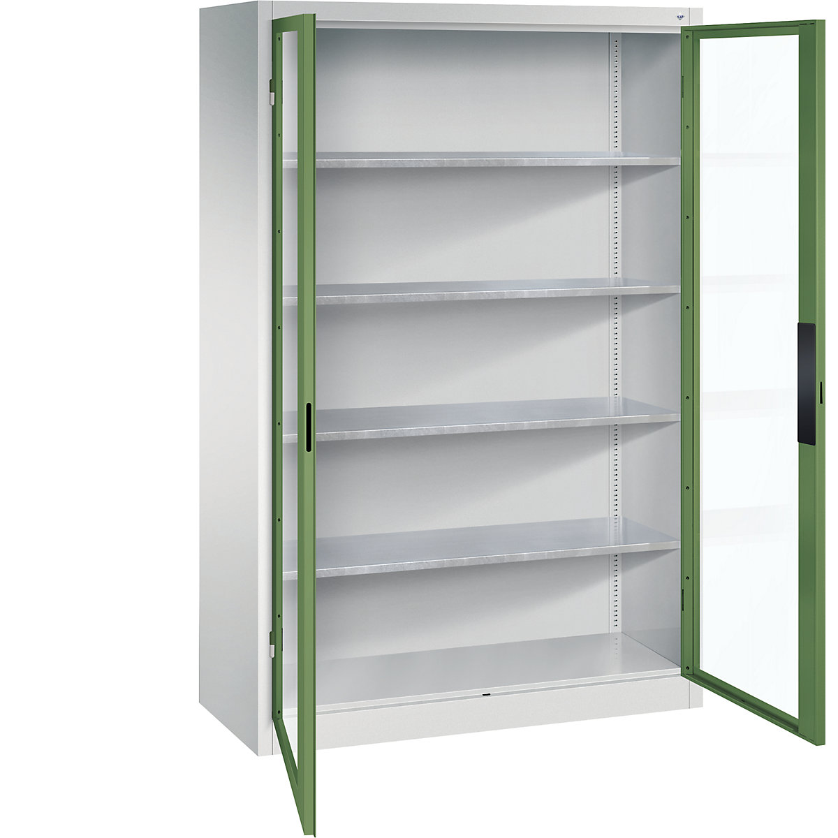Armário com portas de batente e janela de visualização – C+P, AxLxP 1950 x 1200 x 500 mm, 4 prateleiras, cinzento claro/verde reseda-0