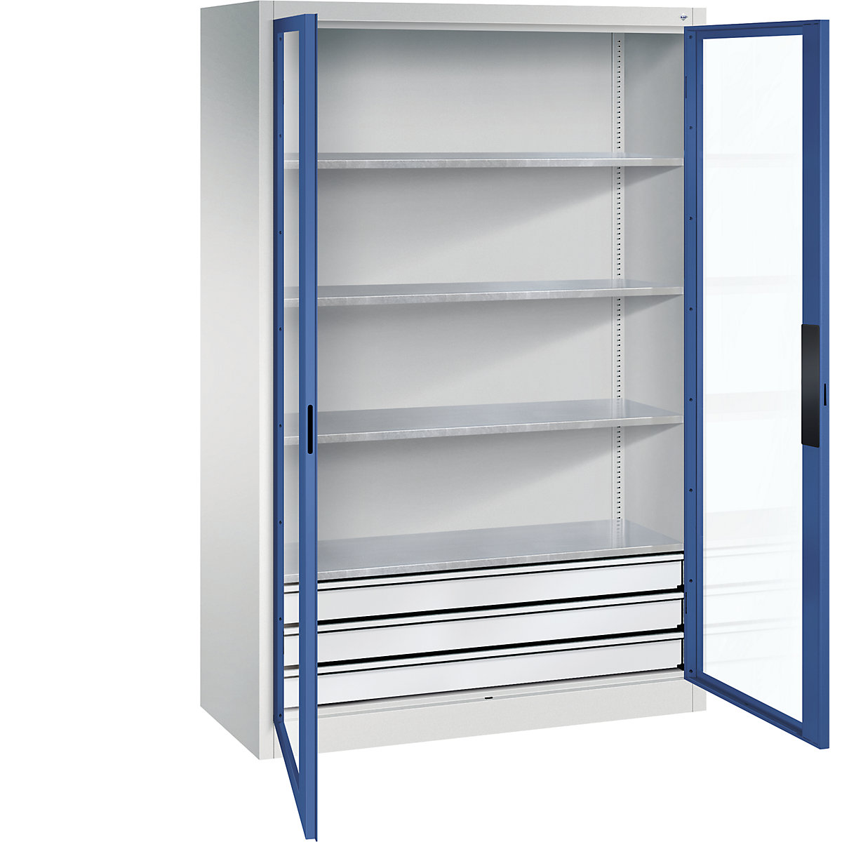 Armário com portas de batente e janela de visualização – C+P, AxLxP 1950 x 1200 x 500 mm, com 4 prateleiras, 3 gavetas, cinzento claro/azul genciana-0