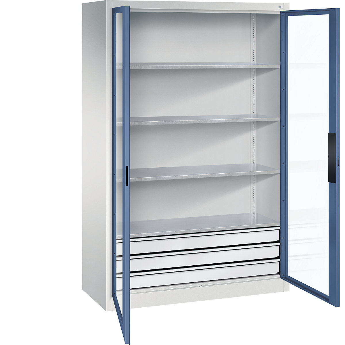 Armário com portas de batente e janela de visualização – C+P, AxLxP 1950 x 1200 x 500 mm, com 4 prateleiras, 3 gavetas, cinzento claro/azul distante-0