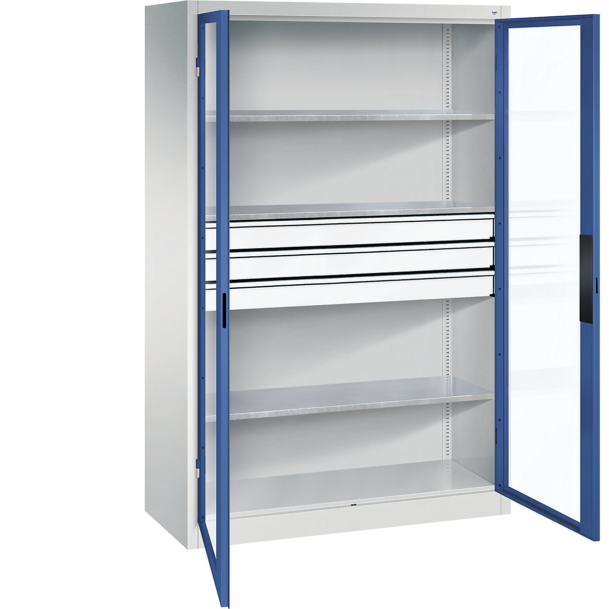 Armário com portas de batente e janela de visualização – C+P, AxLxP 1950 x 1200 x 500 mm, com 3 prateleiras, 3 gavetas, cinzento claro/azul genciana-0