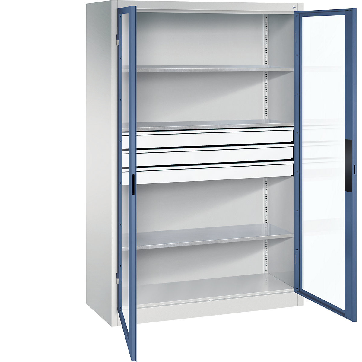 Armário com portas de batente e janela de visualização – C+P, AxLxP 1950 x 1200 x 500 mm, com 3 prateleiras, 3 gavetas, cinzento claro/azul distante-0