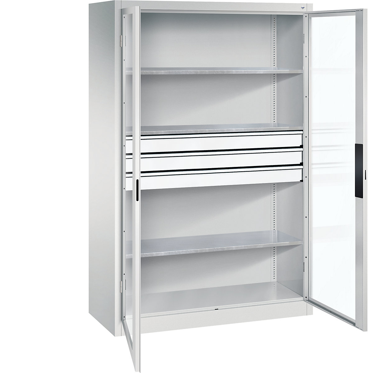 Armário com portas de batente e janela de visualização – C+P, AxLxP 1950 x 1200 x 500 mm, com 3 prateleiras, 3 gavetas, cinzento claro/cinzento claro-0
