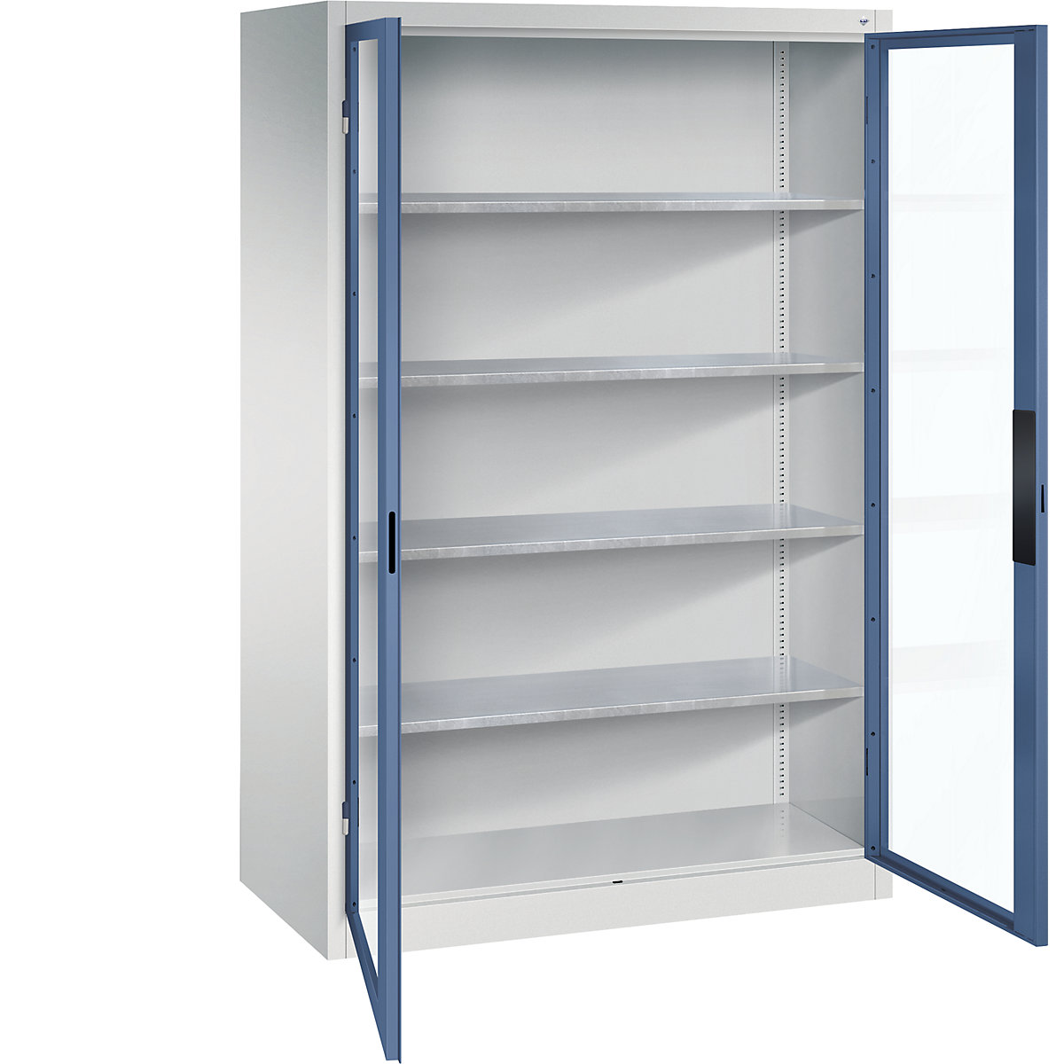 Armário com portas de batente e janela de visualização – C+P, AxLxP 1950 x 1200 x 600 mm, 4 prateleiras, cinzento claro/azul distante-0