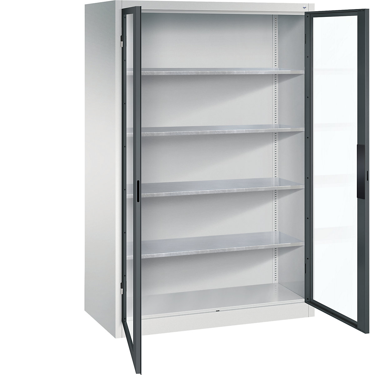 Armário com portas de batente e janela de visualização – C+P, AxLxP 1950 x 1200 x 600 mm, 4 prateleiras, cinzento claro/cinzento antracite-0
