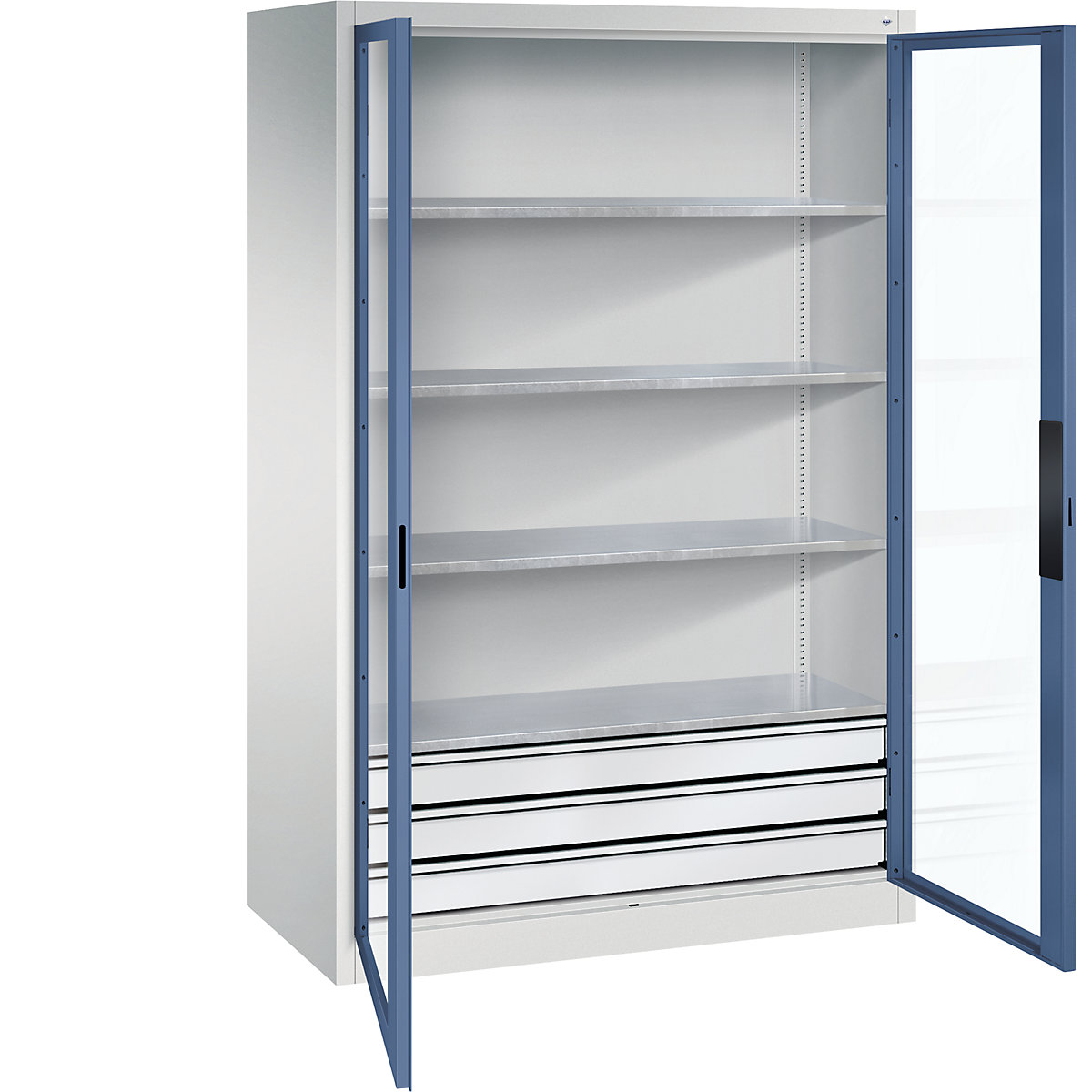 Armário com portas de batente e janela de visualização – C+P, AxLxP 1950 x 1200 x 600 mm, com 4 prateleiras, 3 gavetas, cinzento claro/azul distante-0